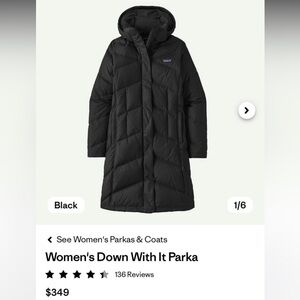 Women’s Patagonia Down With It Parka – Size Large, Black